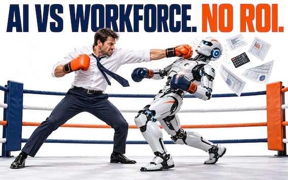 A businessman in a white shirt and tie punches a white humanoid robot in a boxing ring, sending papers, a calculator and charts flying, under the headline AI vs Workforce. No ROI.