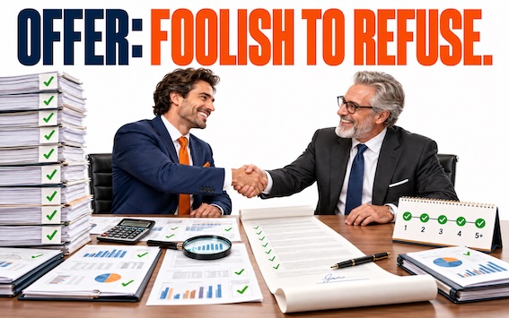 Two businessmen in suits shake hands across a table covered with stacks of checked documents, charts, a calculator and a magnifying glass, under the headline Offer: Foolish to Refuse