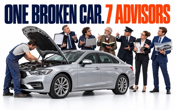 A mechanic leans under the open bonnet of a silver car while seven advisers crowd around it, each holding their own tool — a folder, a laptop, a textbook, a calculator, a car listing — under the headline One Broken Car. 7 Advisors